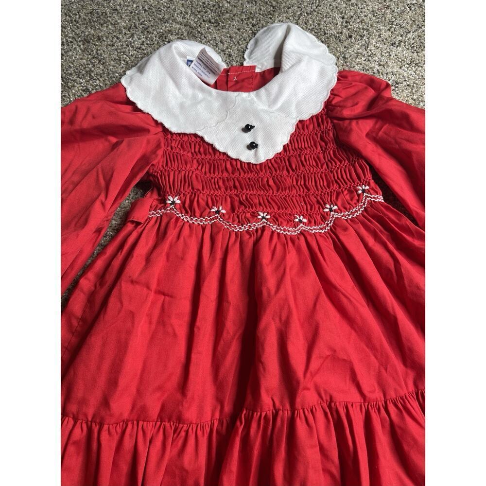 Vintage Polly Flinders Bright Red Smocked Dress Embroidery Toddler Size 4
